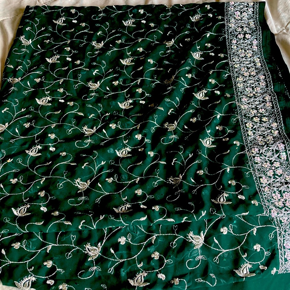 Deep Green and Silver full work Chiffon Sari